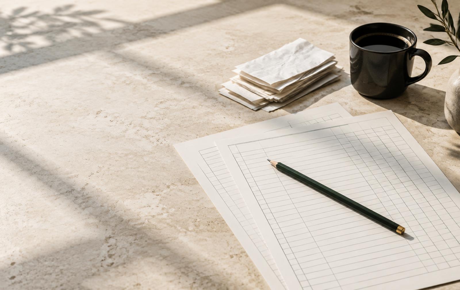 Organized ledger sheets, a pencil, and coffee in natural light